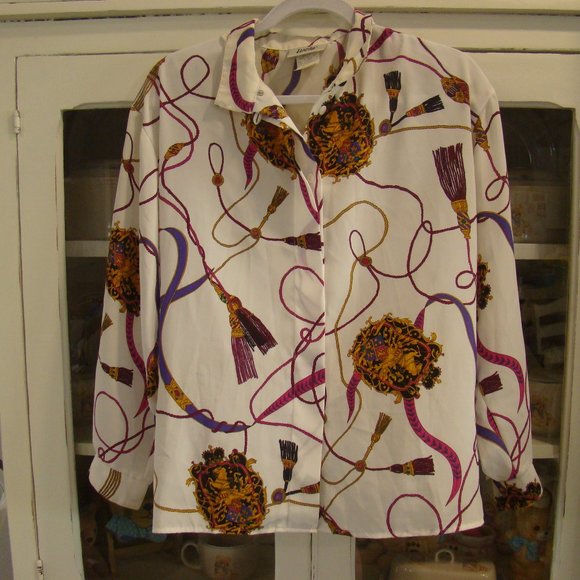 Lucia Collared Button Down Ribbons Purple White Long Sleeve Blouse Size 8 - Picture 1 of 8